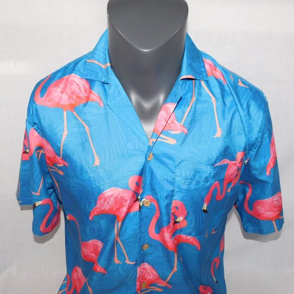 Uzzi Amphibious Gear Mens S Blue Pink Flamingos Hawaiian Camp Short Sleeve Shirt - Picture 2 of 7